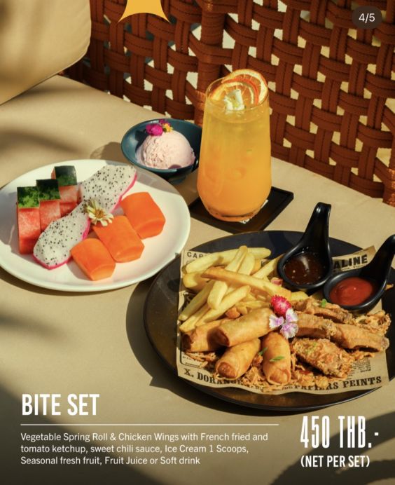 Bite Set menu with chicken wings, spring rolls, and French fries
